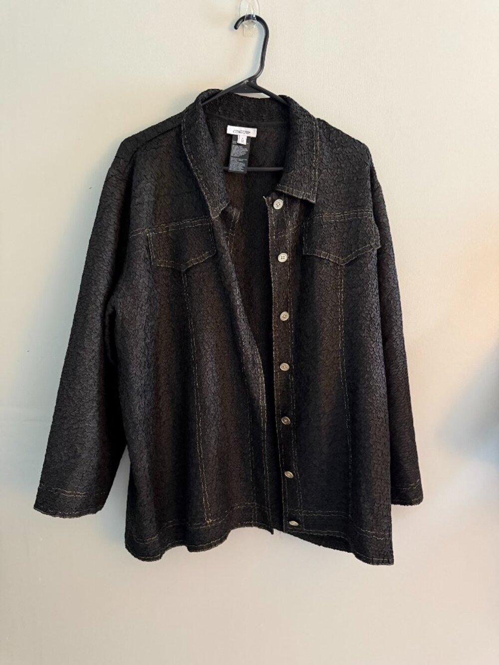 Chico's Black Textured Crinkle Button-Down Shirt Jacket Size 4 XXL